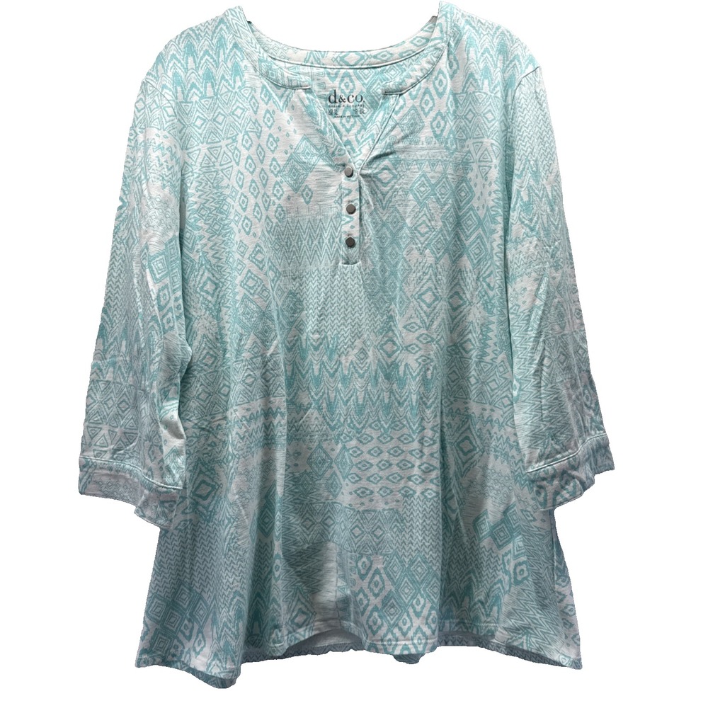 Denim & Co Womens Top Size 1X Plus Blue White Paisley 3/4 Sleeve Henley Pullover
